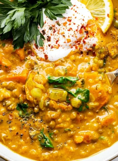 Bowl of turmeric lentil detox soup with vibrant colors and herbs