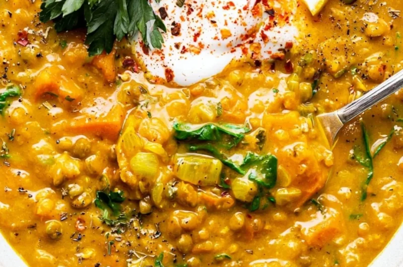 Bowl of turmeric lentil detox soup with vibrant colors and herbs
